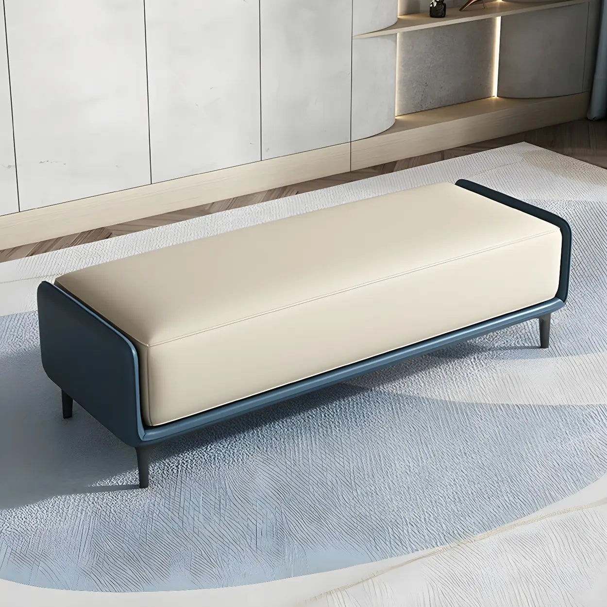 Short Gray Leather Upholstered Bedroom Bench — Light Gray/ Orange / Nappa
