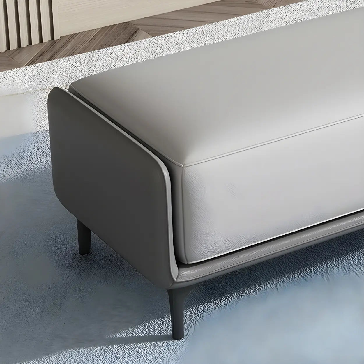 Short Gray Leather Upholstered Bedroom Bench — Light Gray/ Orange / Microfiber Leather