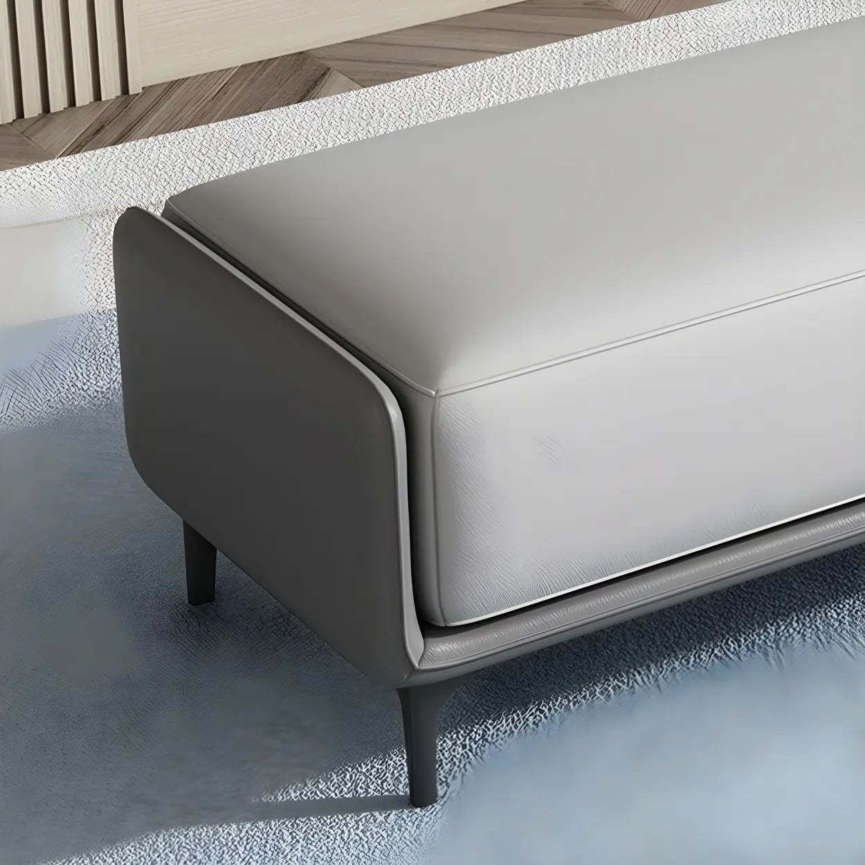 Short Gray Leather Upholstered Bedroom Bench — Light Gray/ Orange / Microfiber Leather