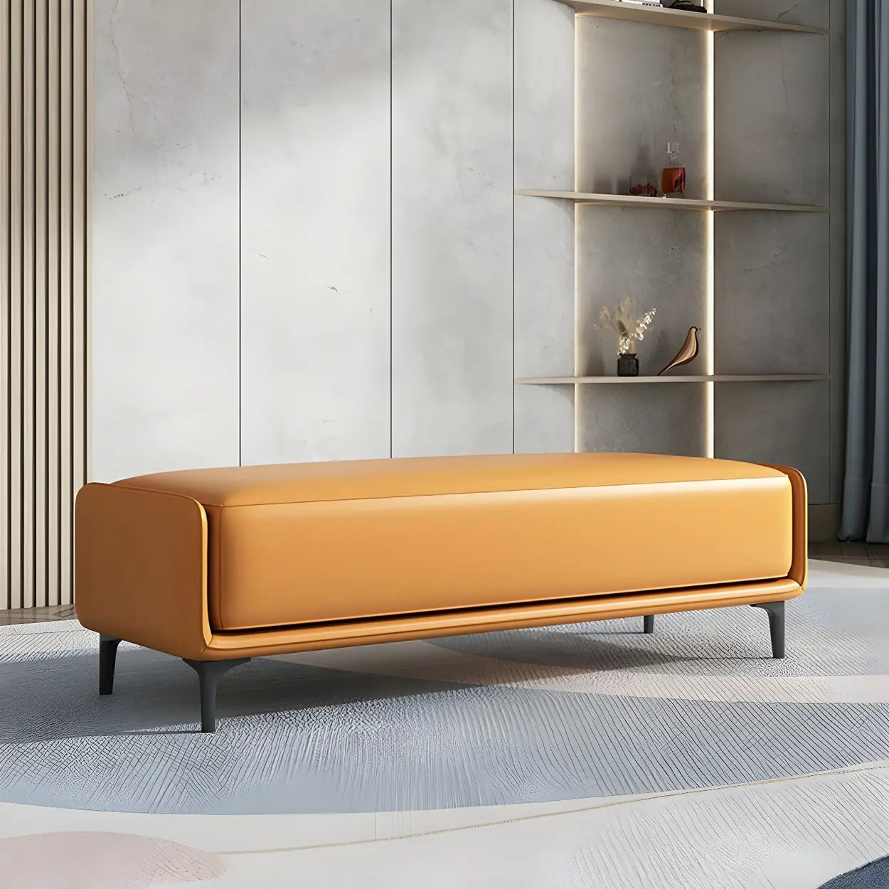 Short Gray Leather Upholstered Bedroom Bench — Dark Gray / Nappa