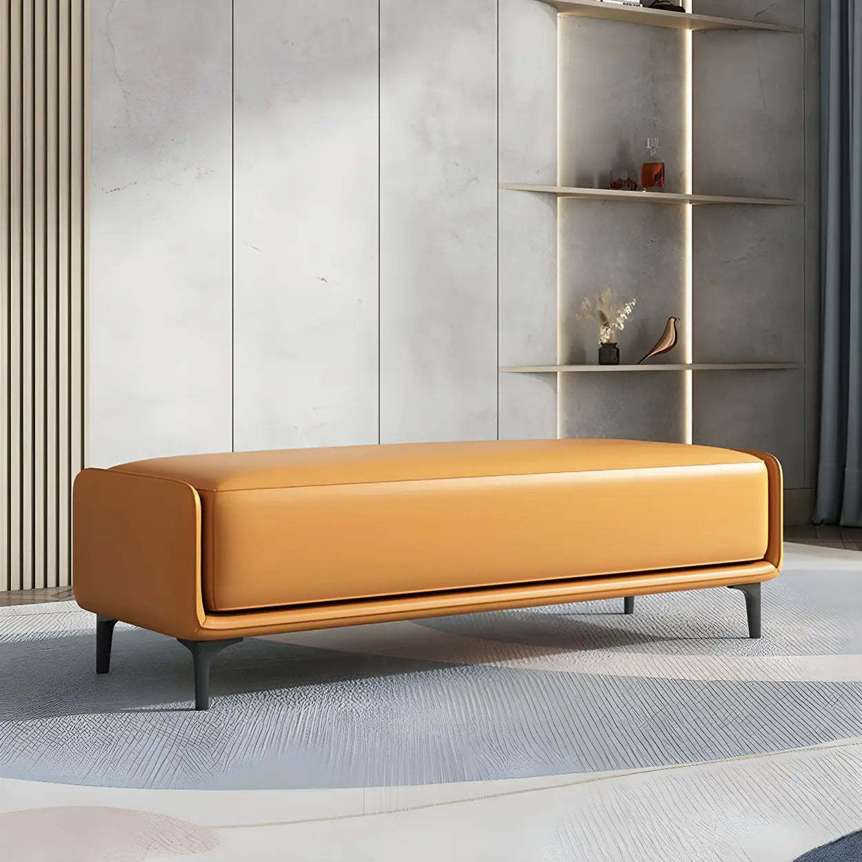 Short Gray Leather Upholstered Bedroom Bench — Dark Gray / Nappa