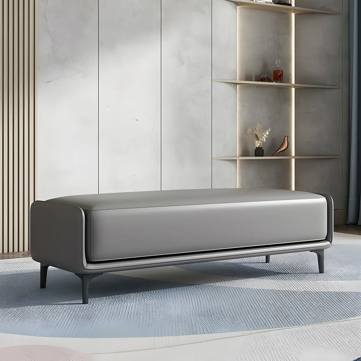 Short Gray Leather Upholstered Bedroom Bench — Dark Grey/ Light Grey / Nappa