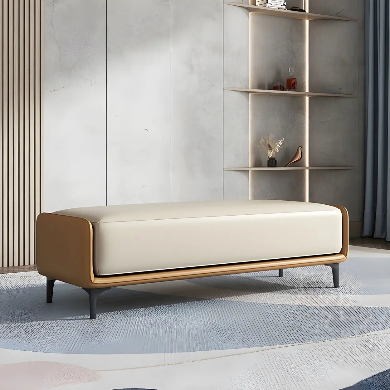 Short Gray Leather Upholstered Bedroom Bench — Light Gray/ Orange / Nappa