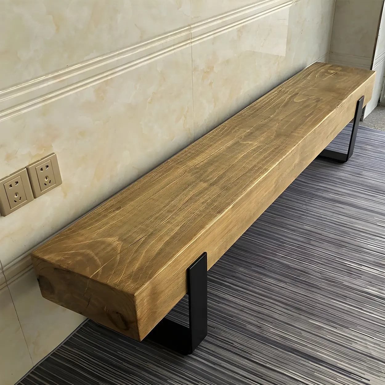 Short Pine Wood Dining Bench with Metal Legs