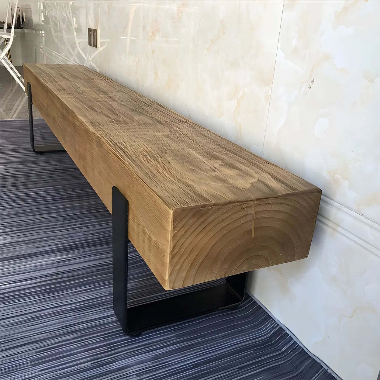 Short Pine Wood Dining Bench with Metal Legs