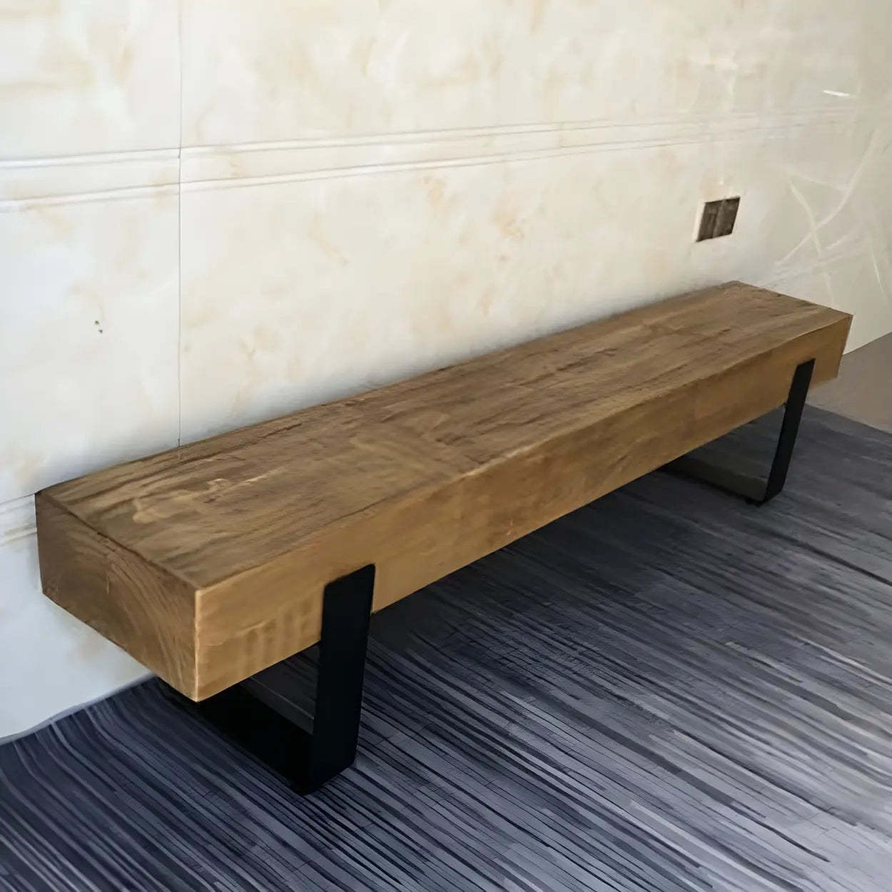 Short Pine Wood Dining Bench with Metal Legs