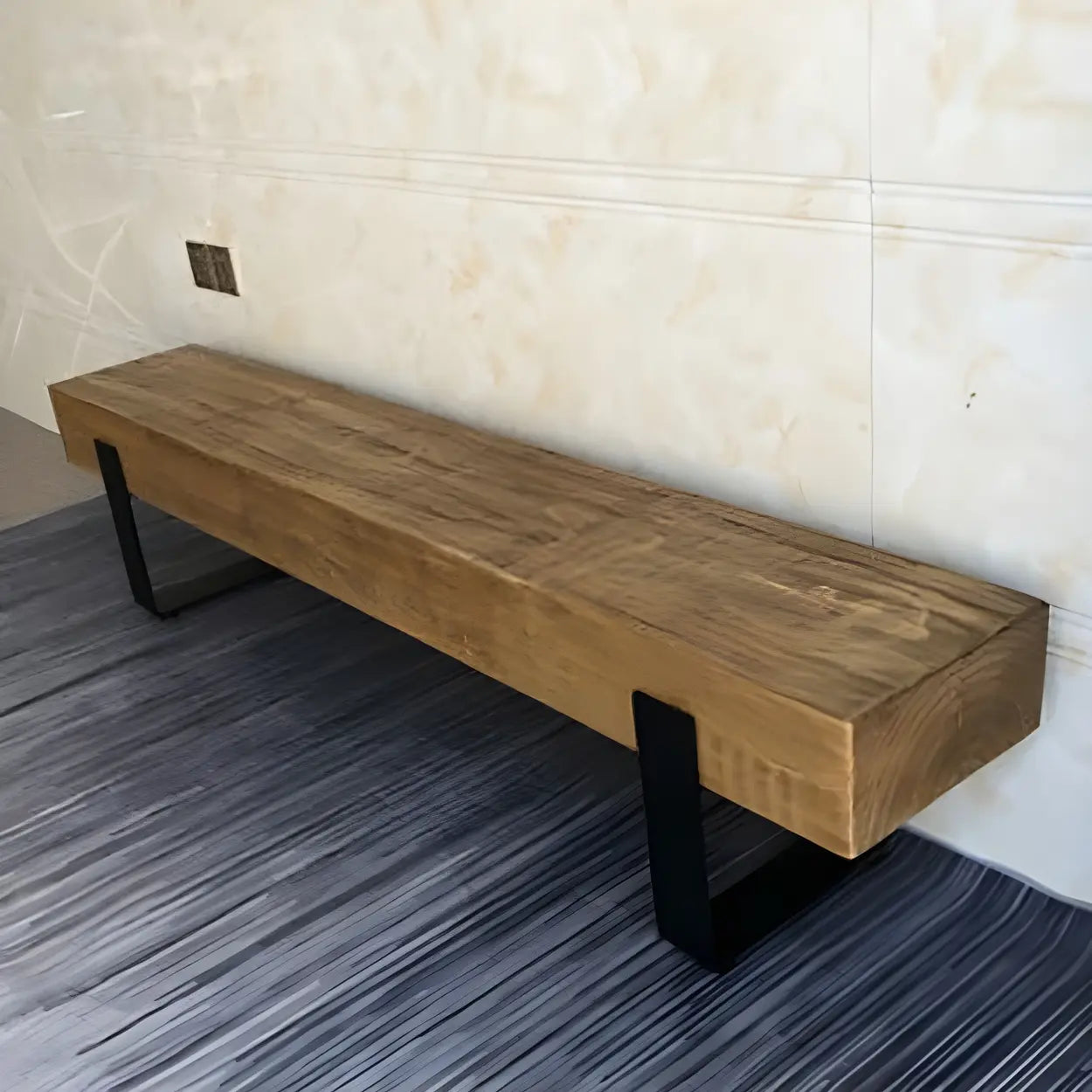 Short Pine Wood Dining Bench with Metal Legs