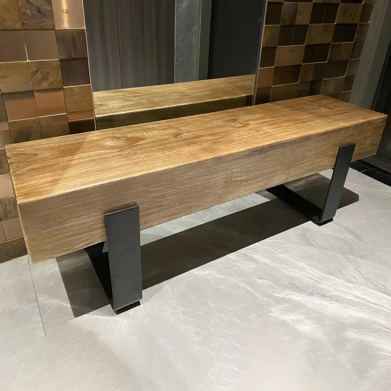 Short Pine Wood Dining Bench with Metal Legs