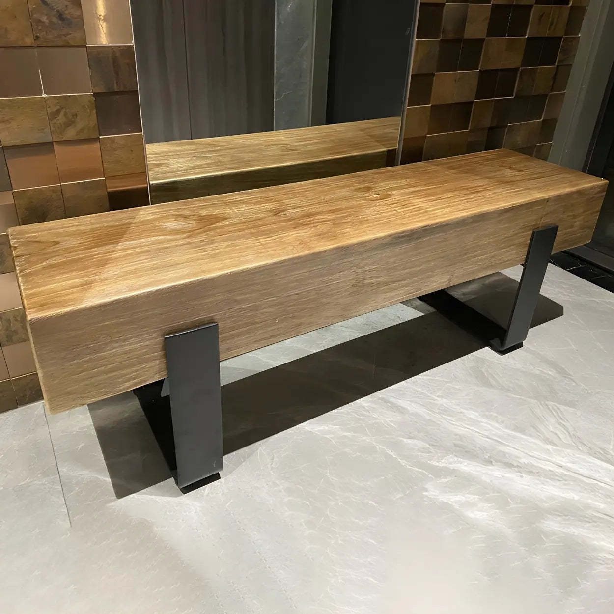 Short Pine Wood Dining Bench with Metal Legs