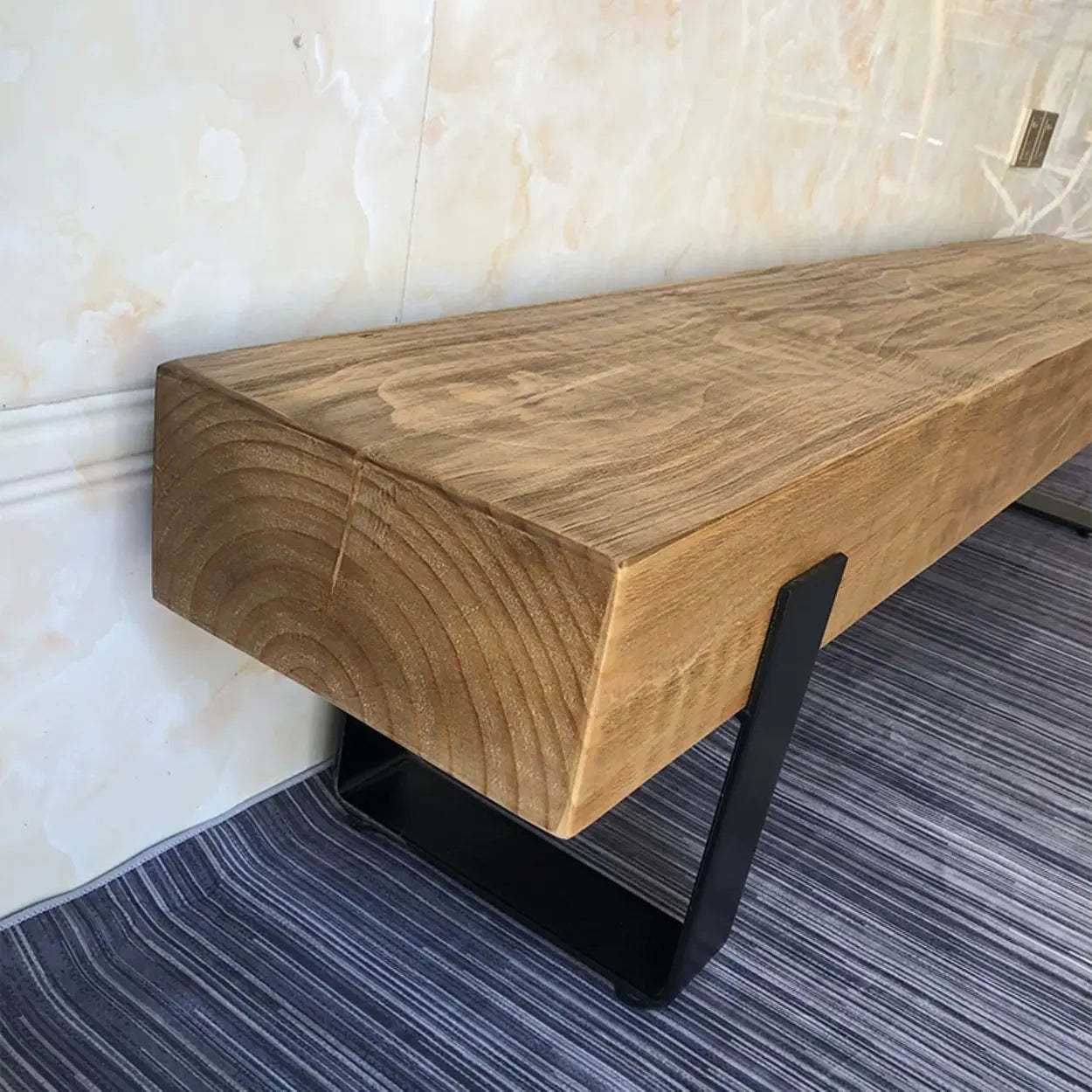 Short Pine Wood Dining Bench with Metal Legs