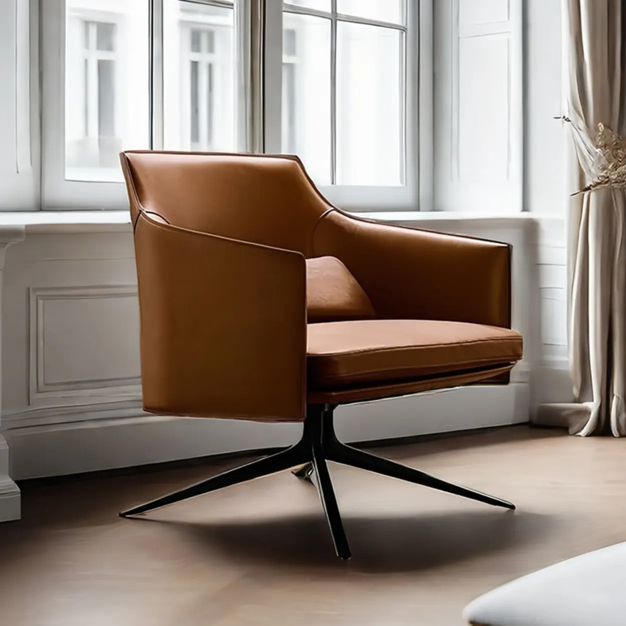 Short Swivel Brown Leather 4-Star Base Arm Chair