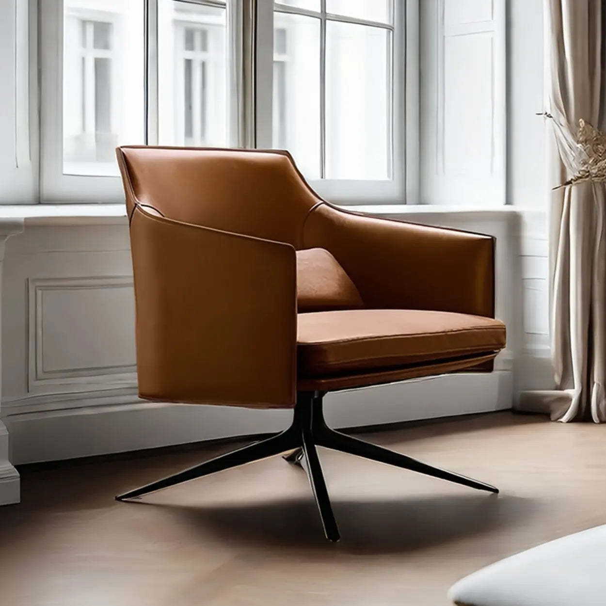 Short Swivel Brown Leather 4-Star Base Arm Chair — Short / Genuine Leather