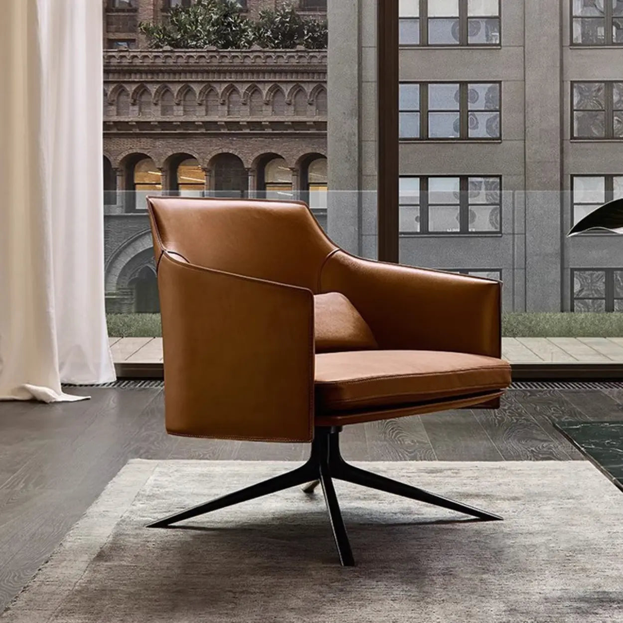 Short Swivel Brown Leather 4-Star Base Arm Chair — Short / Microfiber Leather