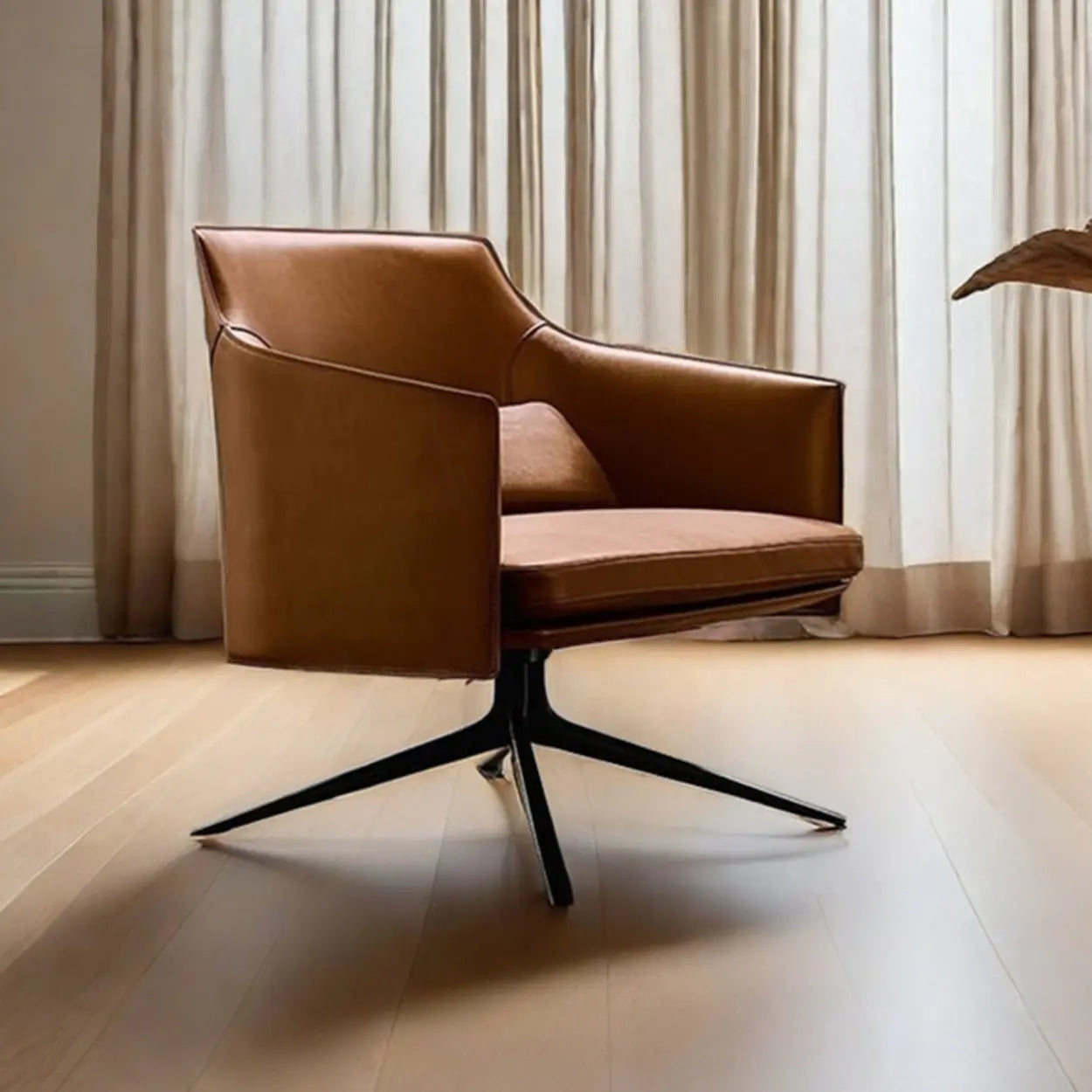 Short Swivel Brown Leather 4-Star Base Arm Chair — Tall / Microfiber Leather
