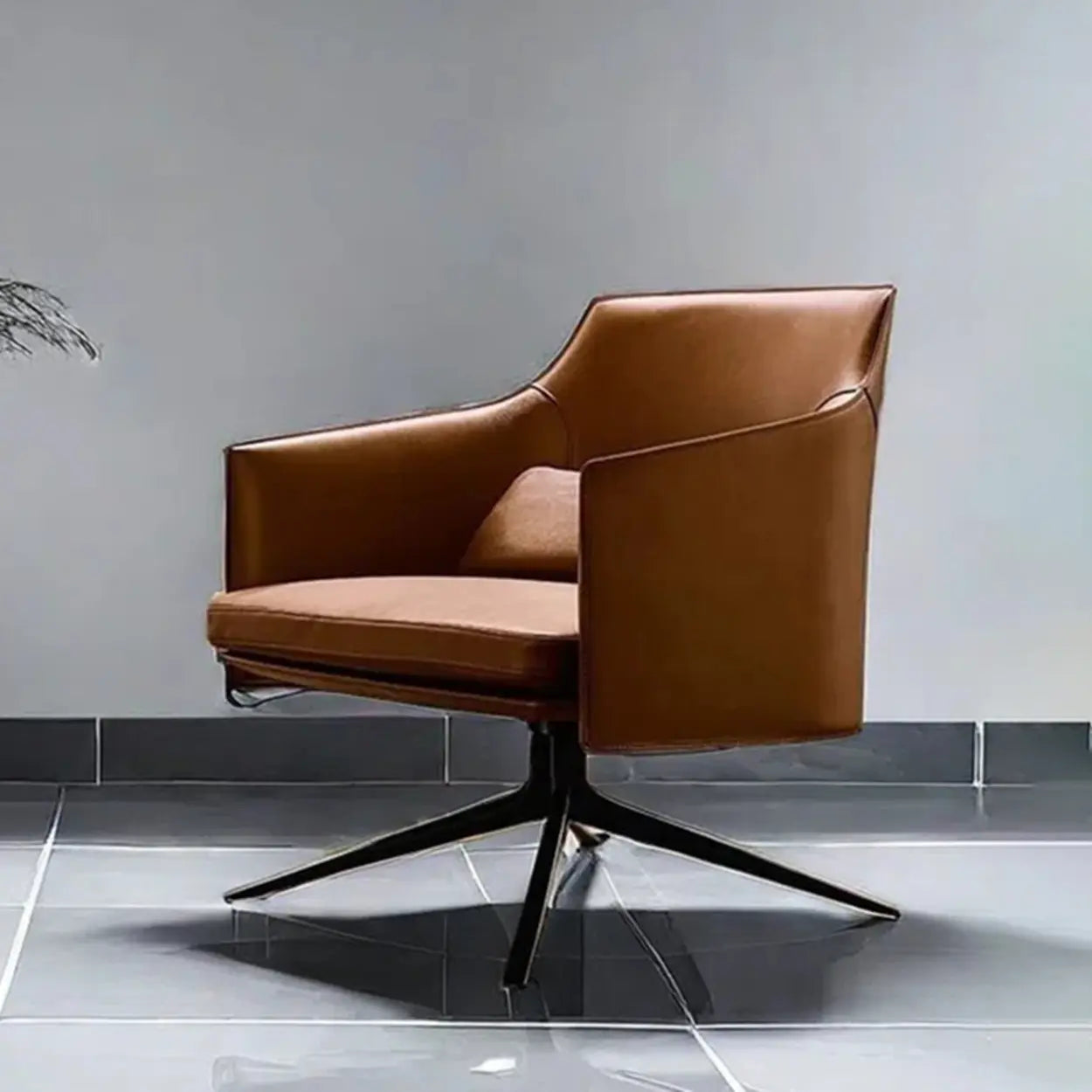 Short Swivel Brown Leather 4-Star Base Arm Chair