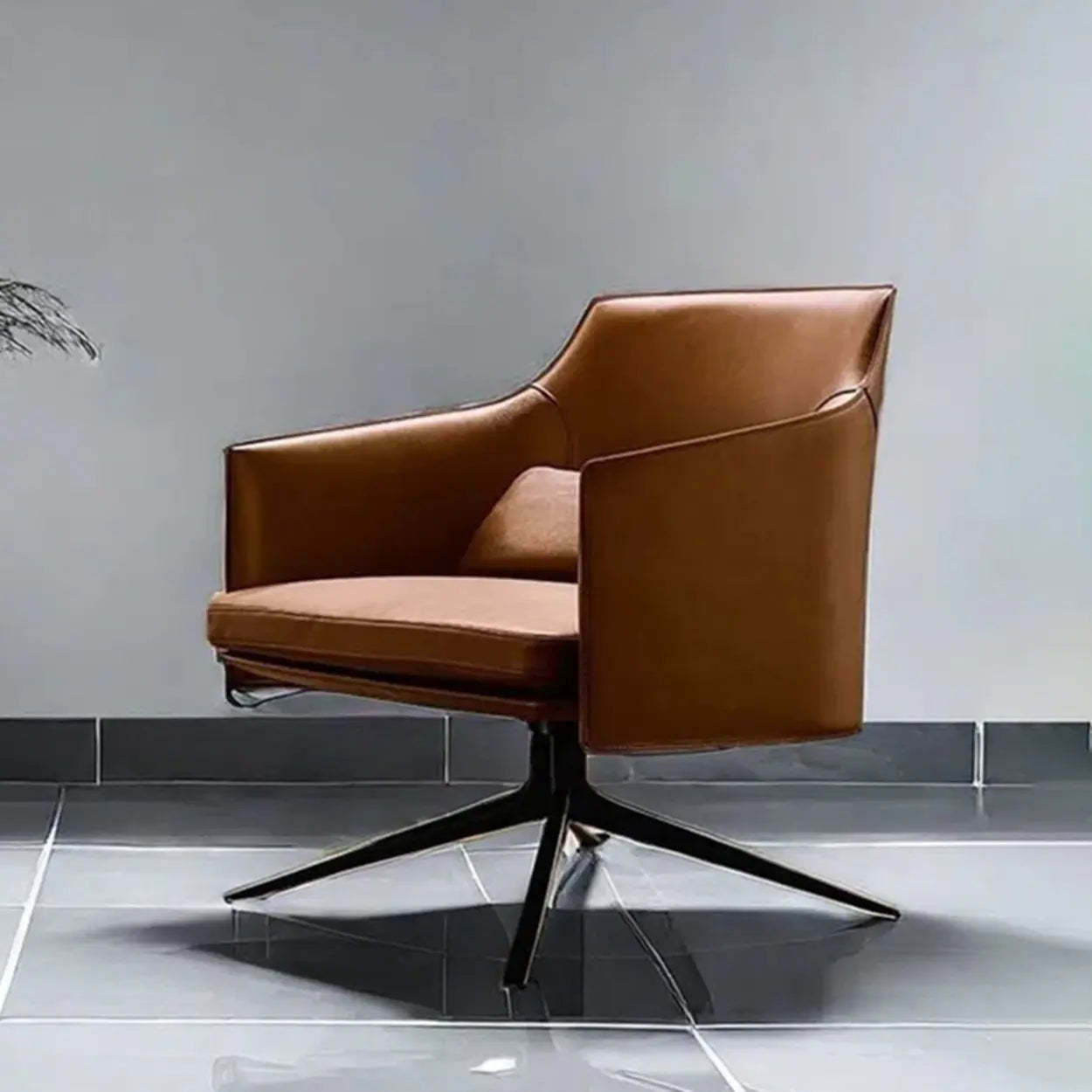Short Swivel Brown Leather 4-Star Base Arm Chair