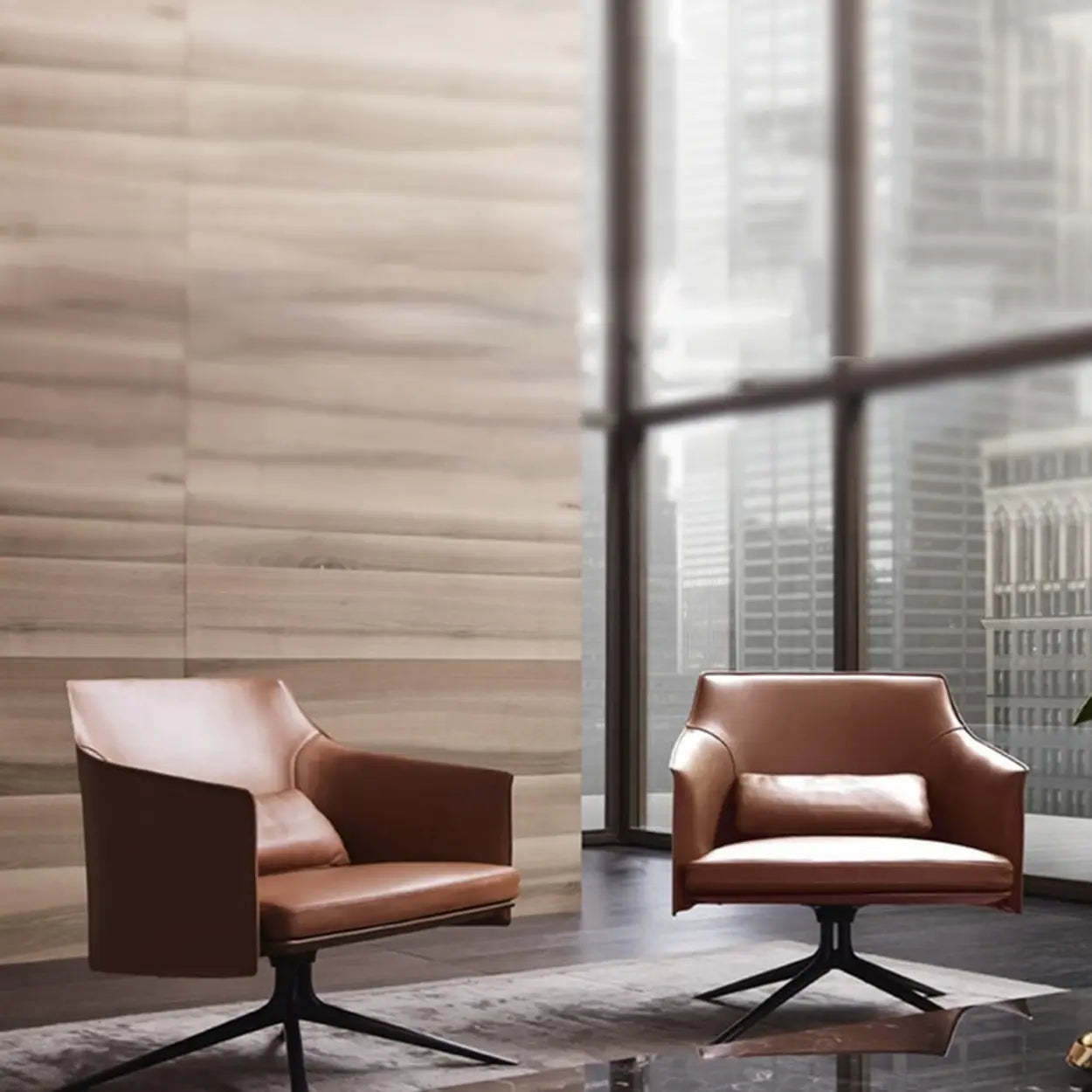 Short Swivel Brown Leather 4-Star Base Arm Chair