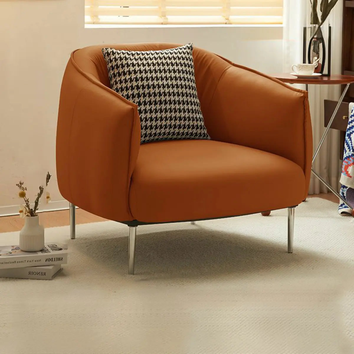 Silver Four Leg Leather Pillow Back Accent Chair — Orange / Accent Chair / Fabric