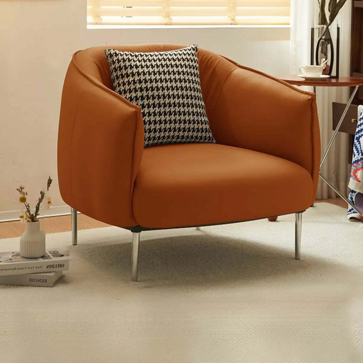 Silver Four Leg Leather Pillow Back Accent Chair — Orange / Accent Chair / Fabric