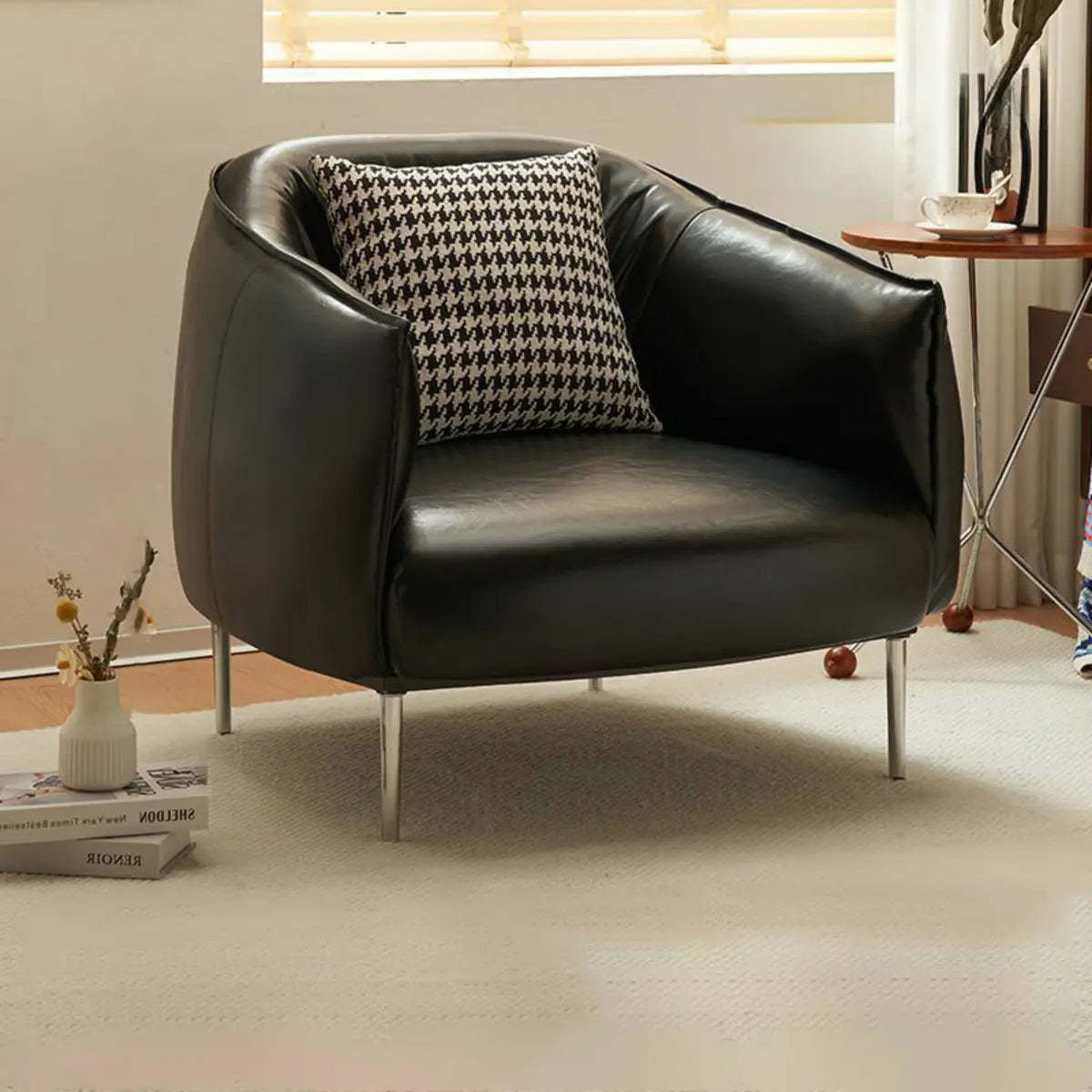 Silver Four Leg Leather Pillow Back Accent Chair — Red Brown / Accent Chair / Oiled Leather