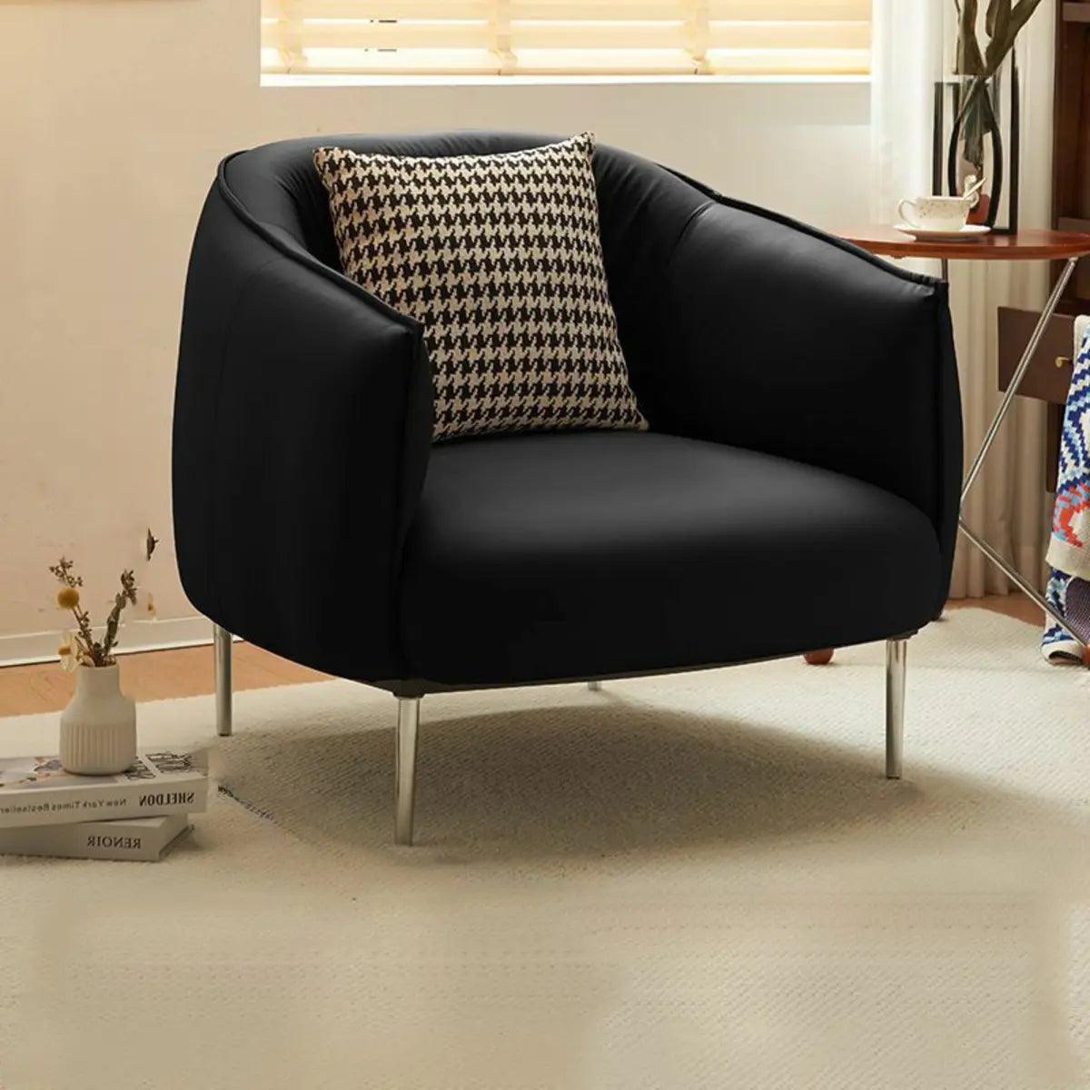 Silver Four Leg Leather Pillow Back Accent Chair
