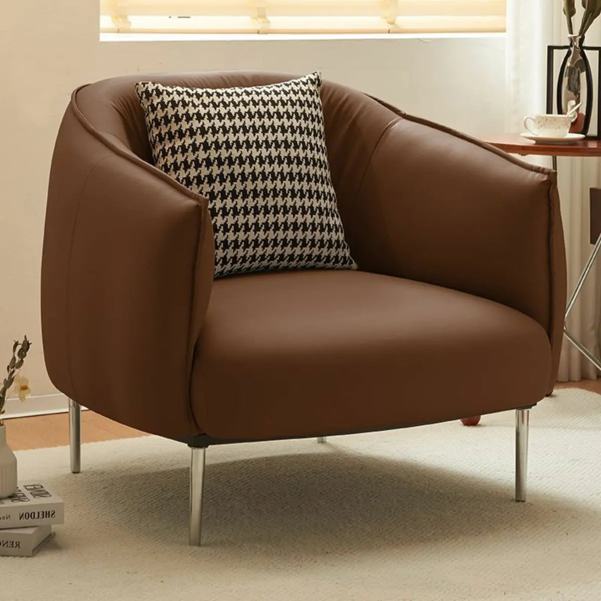 Silver Four Leg Leather Pillow Back Accent Chair