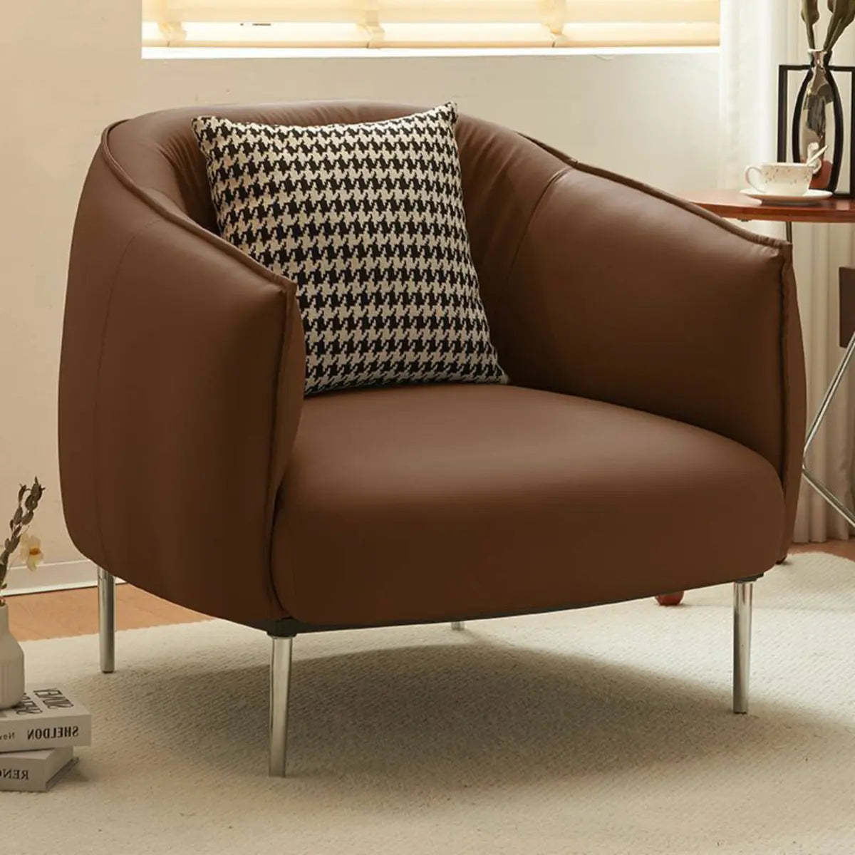 Silver Four Leg Leather Pillow Back Accent Chair