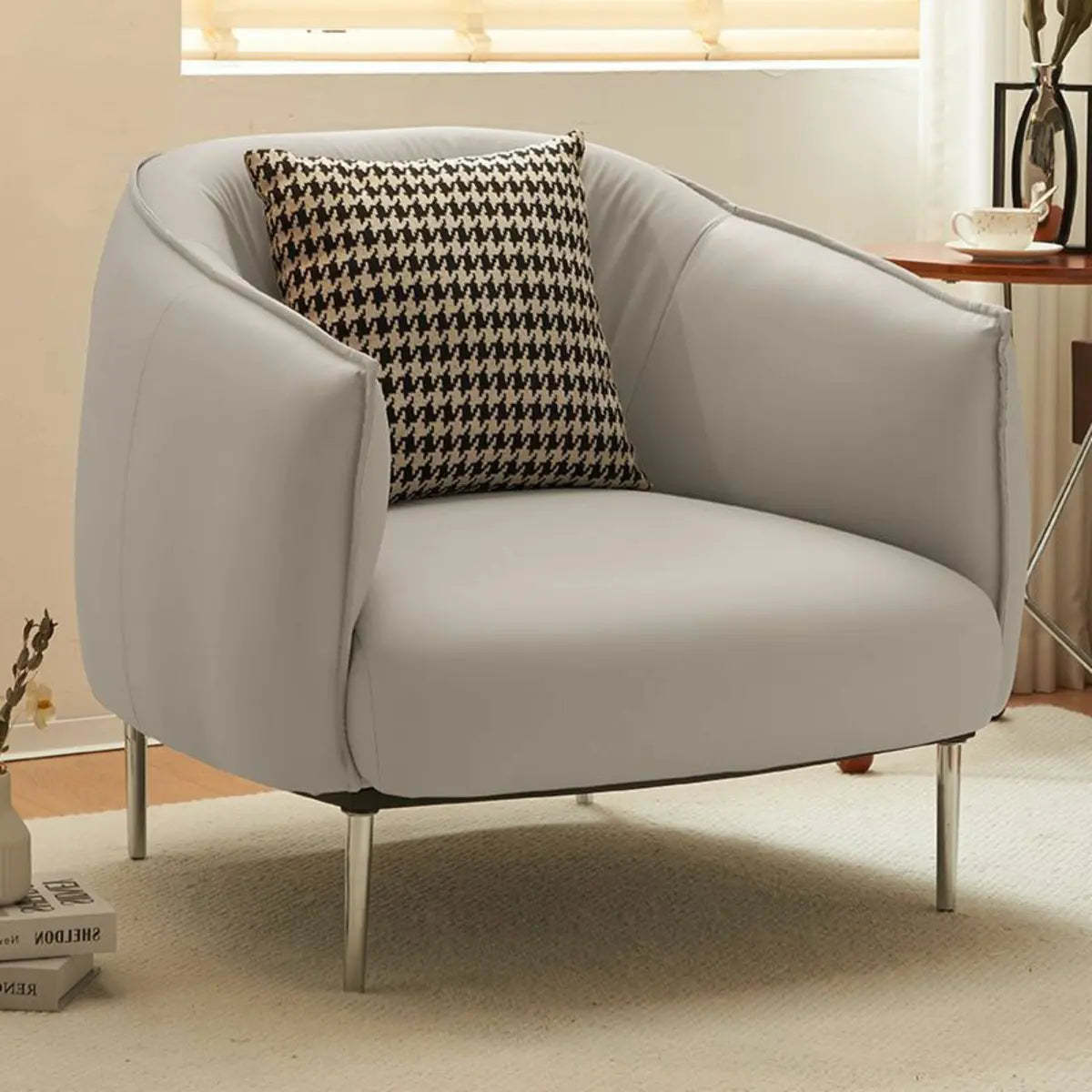 Silver Four Leg Leather Pillow Back Accent Chair