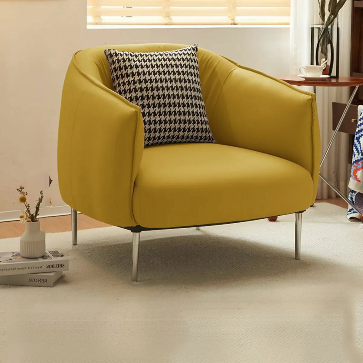 Silver Four Leg Leather Pillow Back Accent Chair