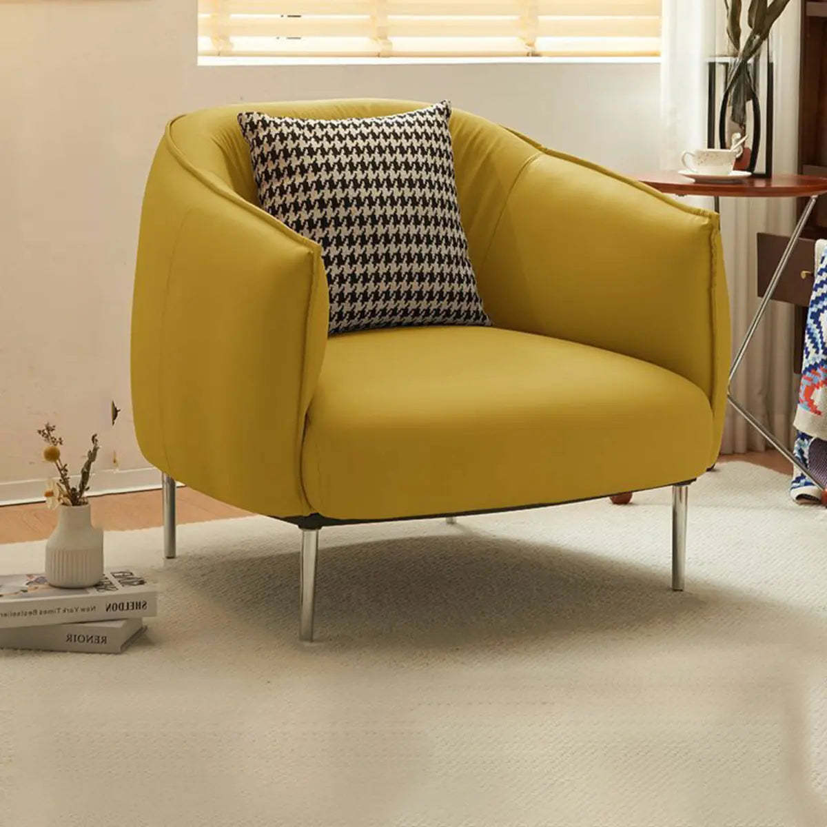 Silver Four Leg Leather Pillow Back Accent Chair