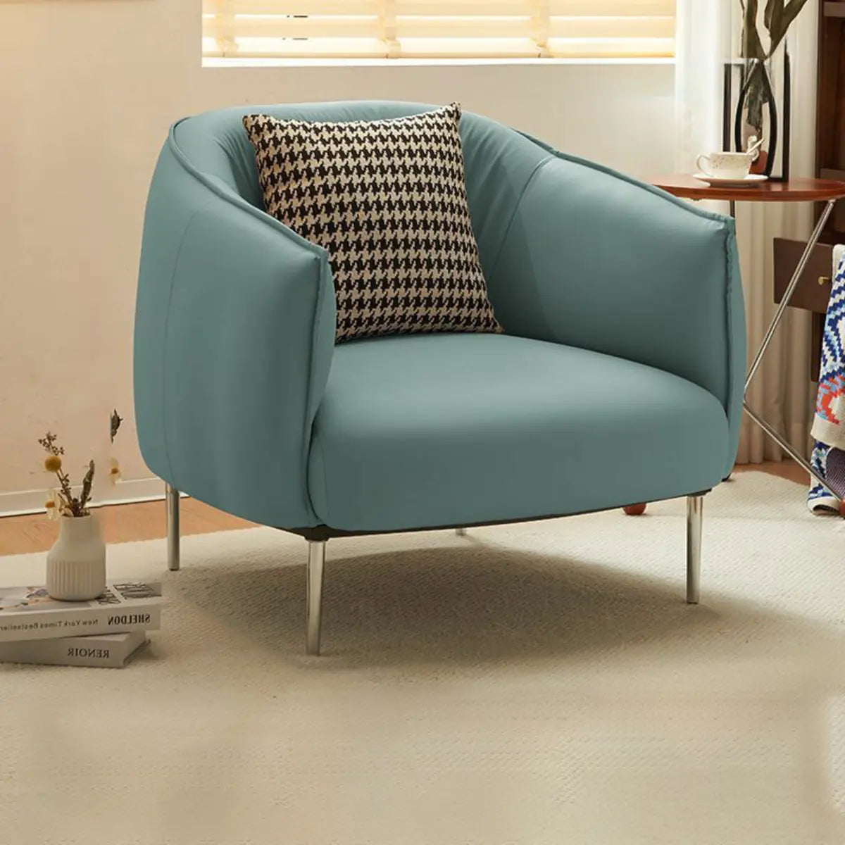 Silver Four Leg Leather Pillow Back Accent Chair
