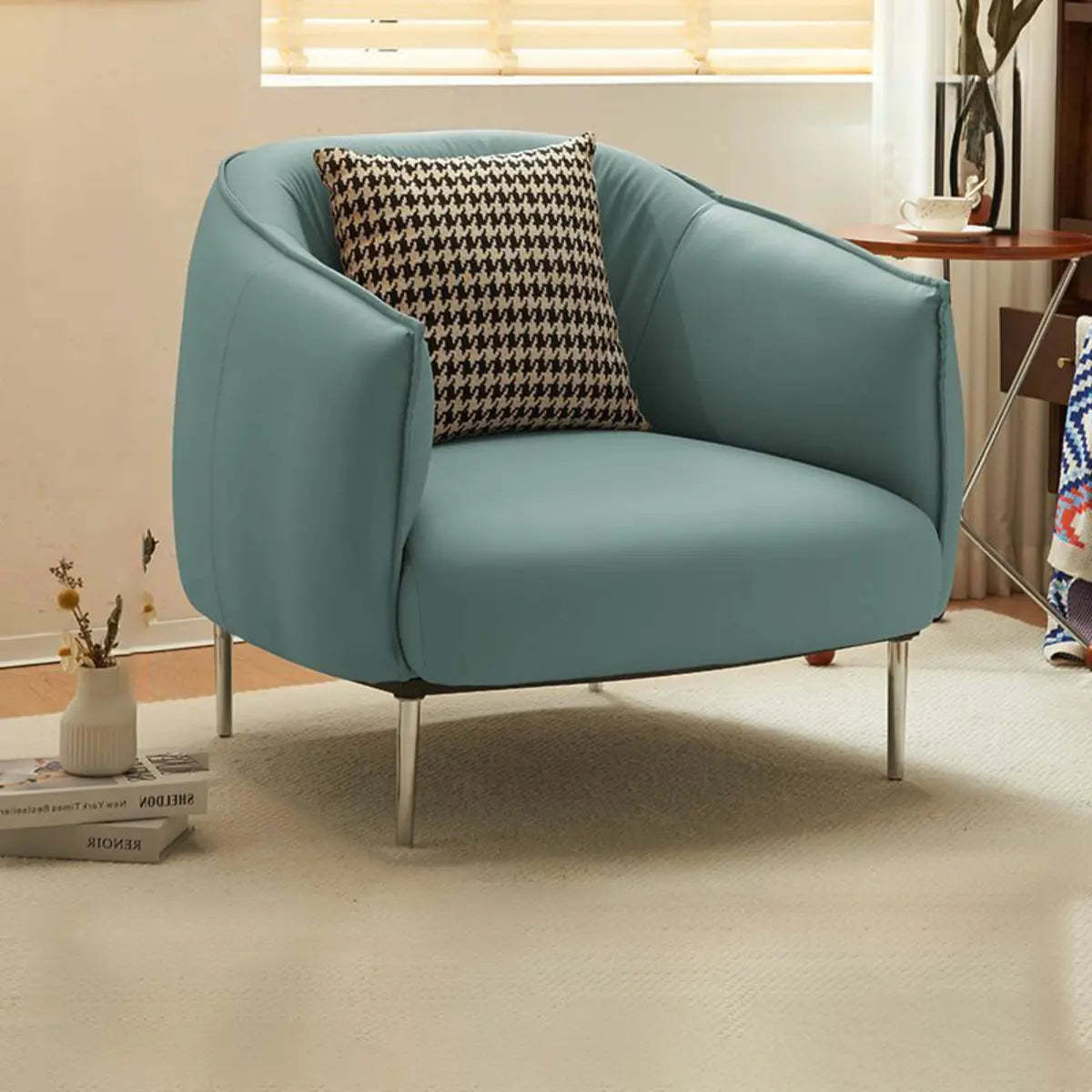 Silver Four Leg Leather Pillow Back Accent Chair