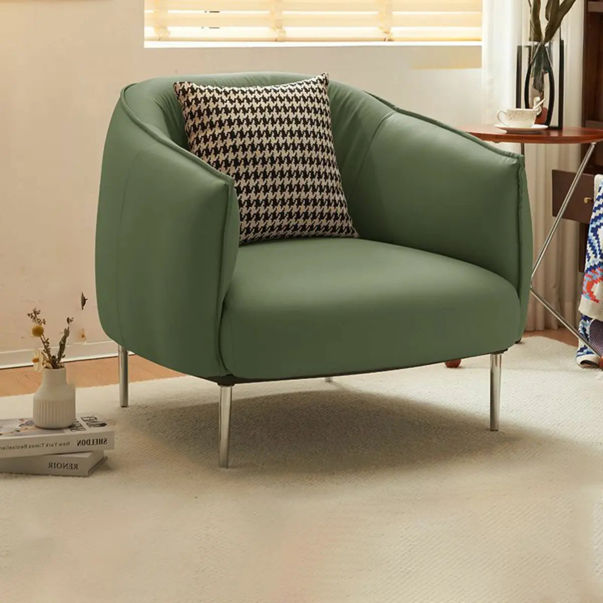 Silver Four Leg Leather Pillow Back Accent Chair