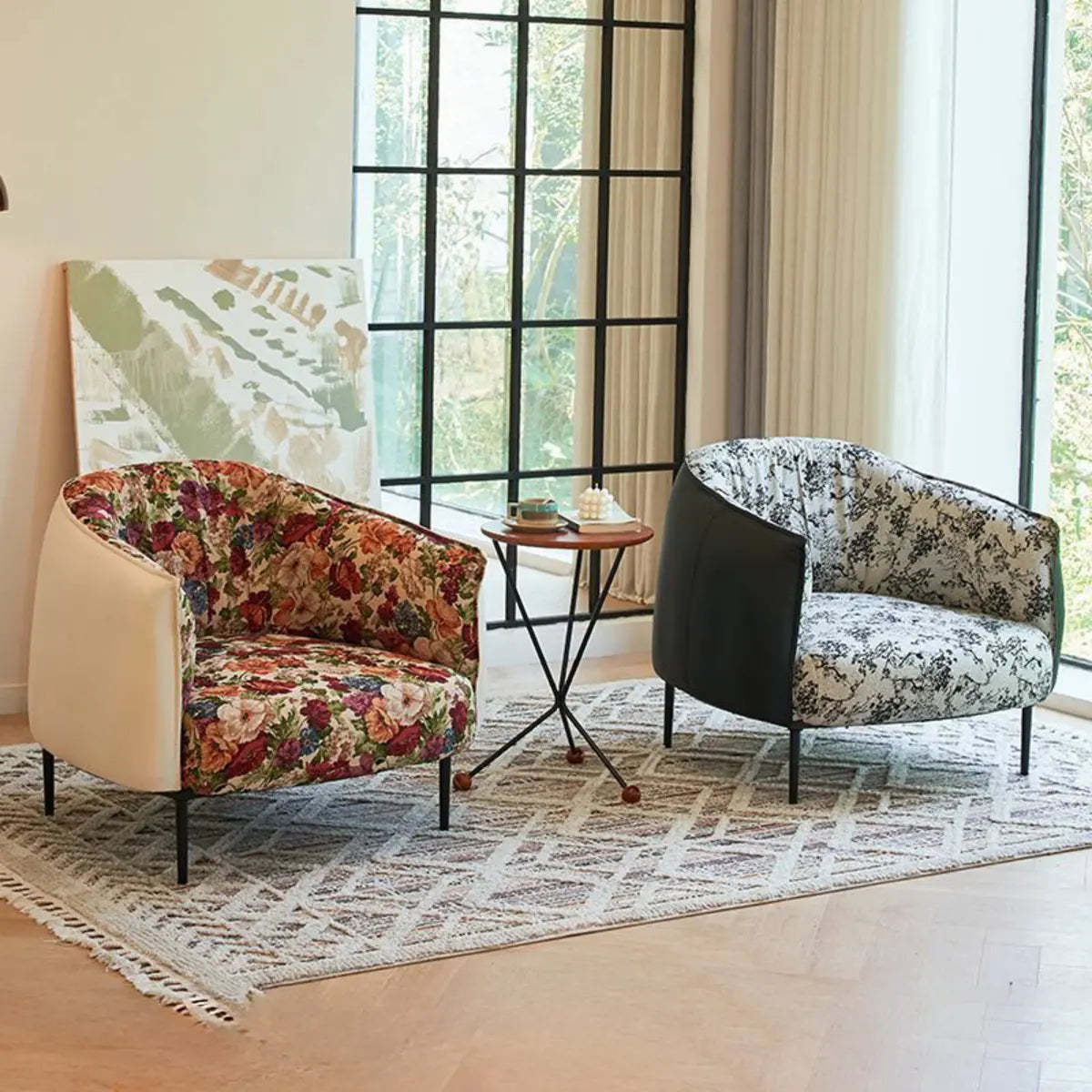 Silver Four Leg Leather Pillow Back Accent Chair — Black / Accent Chair with Ottoman / Fabric