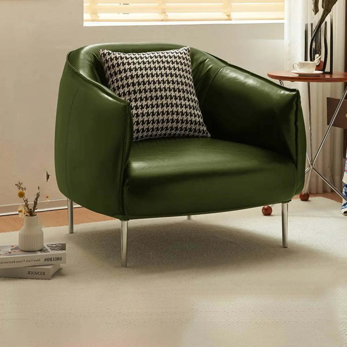Silver Four Leg Leather Pillow Back Accent Chair — Black / Accent Chair with Ottoman / Oiled Leather