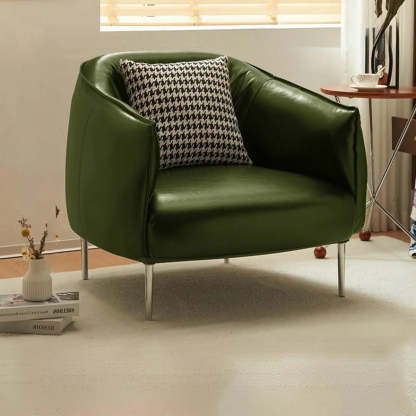 Silver Four Leg Leather Pillow Back Accent Chair — Black / Accent Chair with Ottoman / Oiled Leather