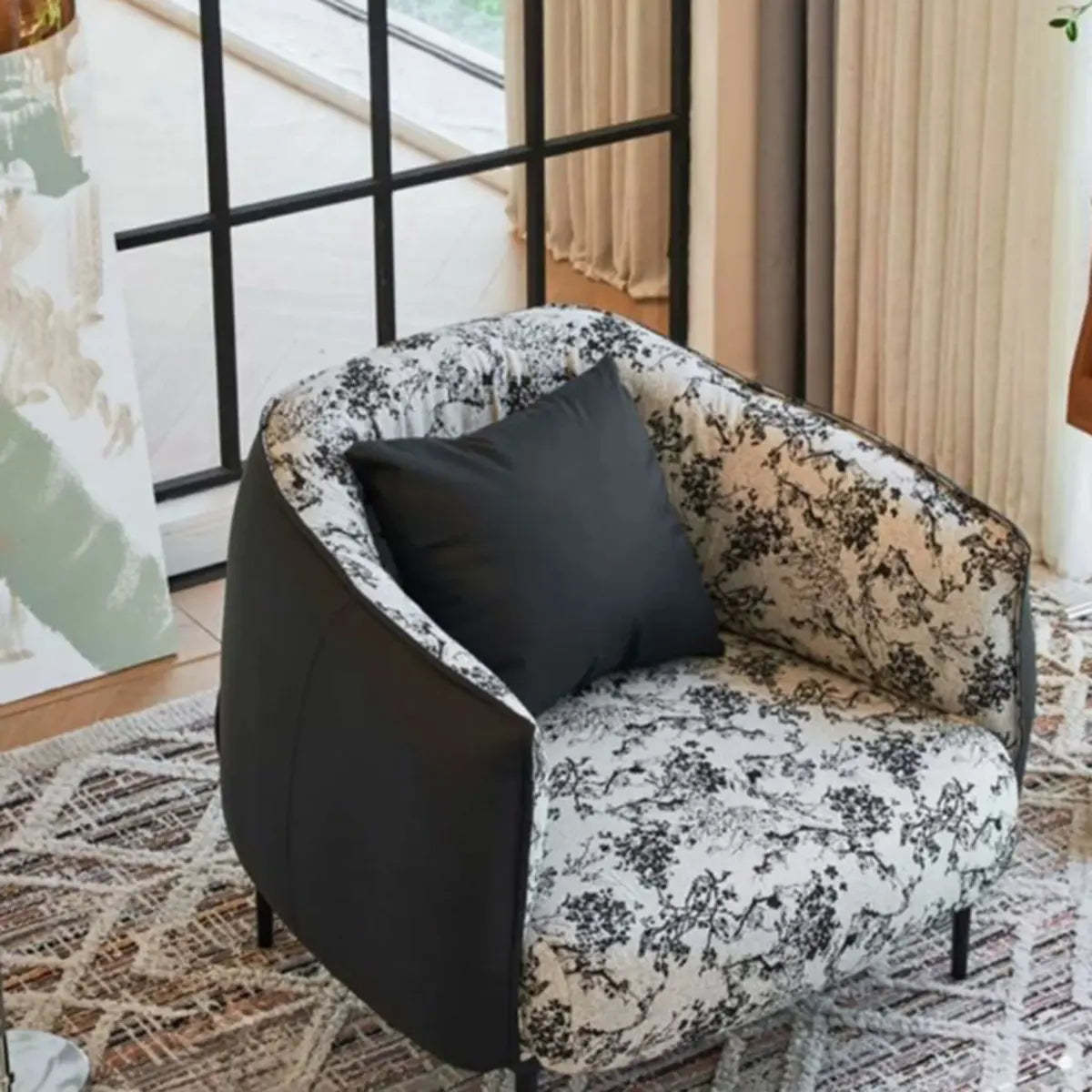 Silver Four Leg Leather Pillow Back Accent Chair — Black/ Flower / Accent Chair / Fabric