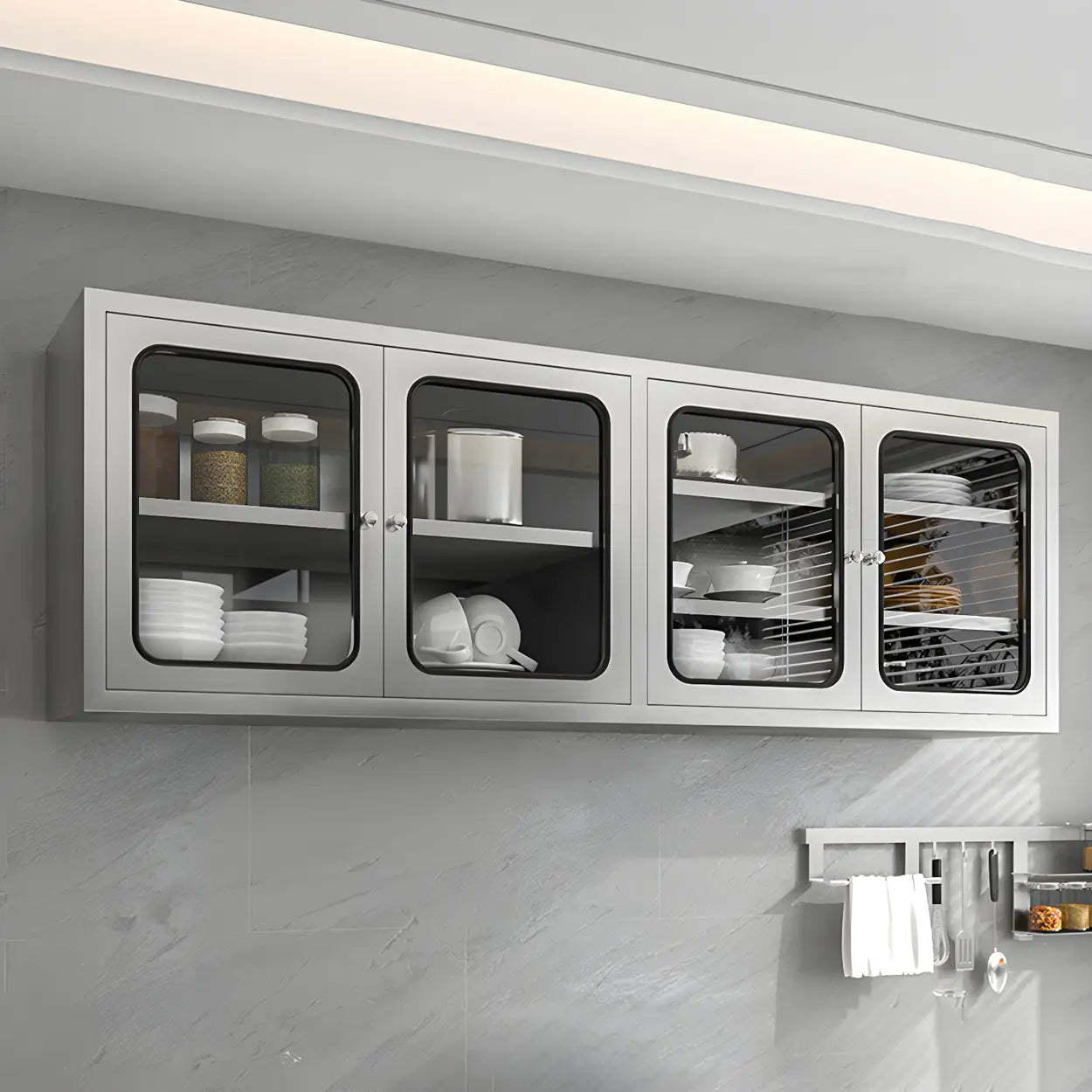 Gray metal china storage wine cabinets - modern — 71" L x 14" W x 24" H / Tempered Glass / Silver