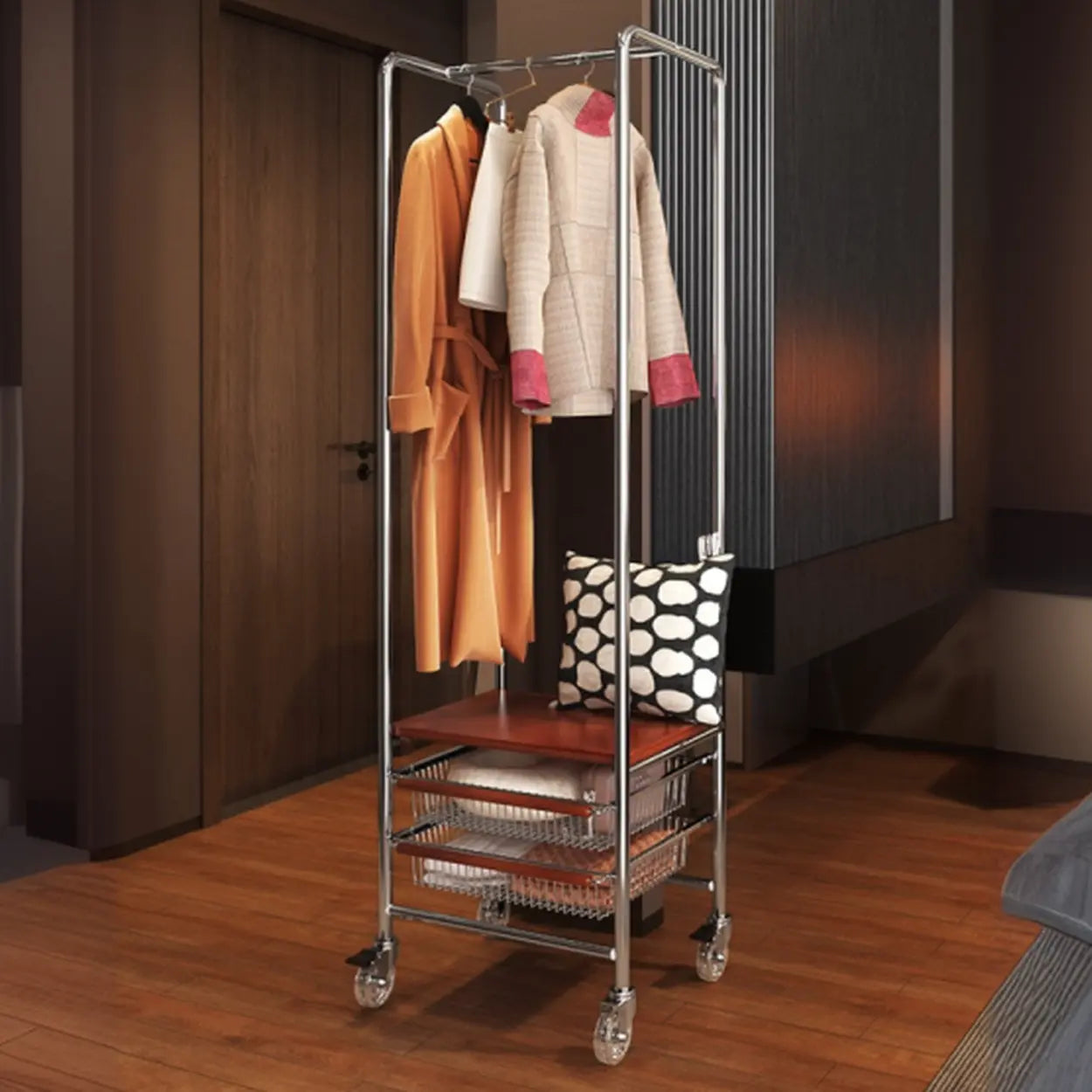 Silver Mobile Storage Coat Rack with Lockers