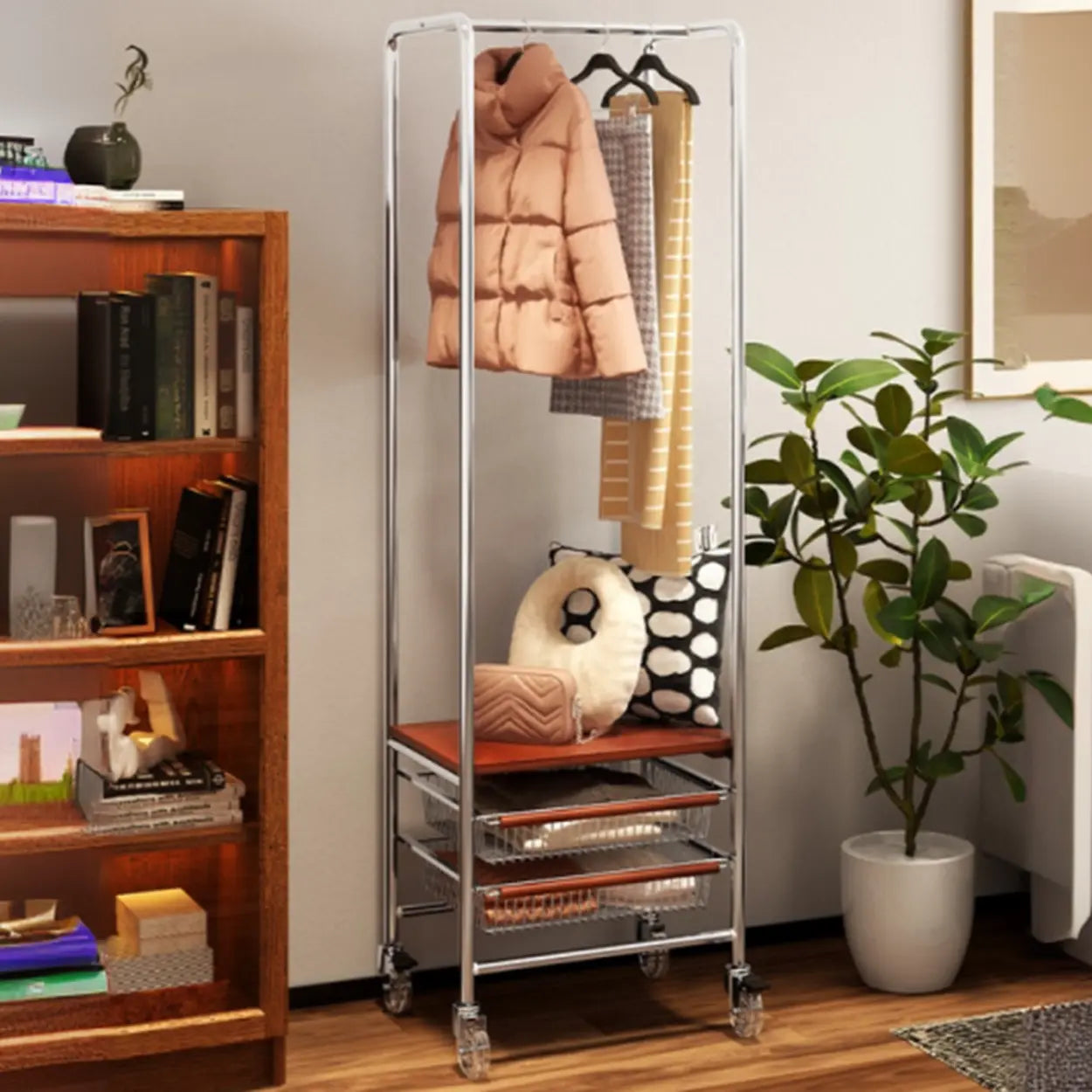 Silver Mobile Storage Coat Rack with Lockers