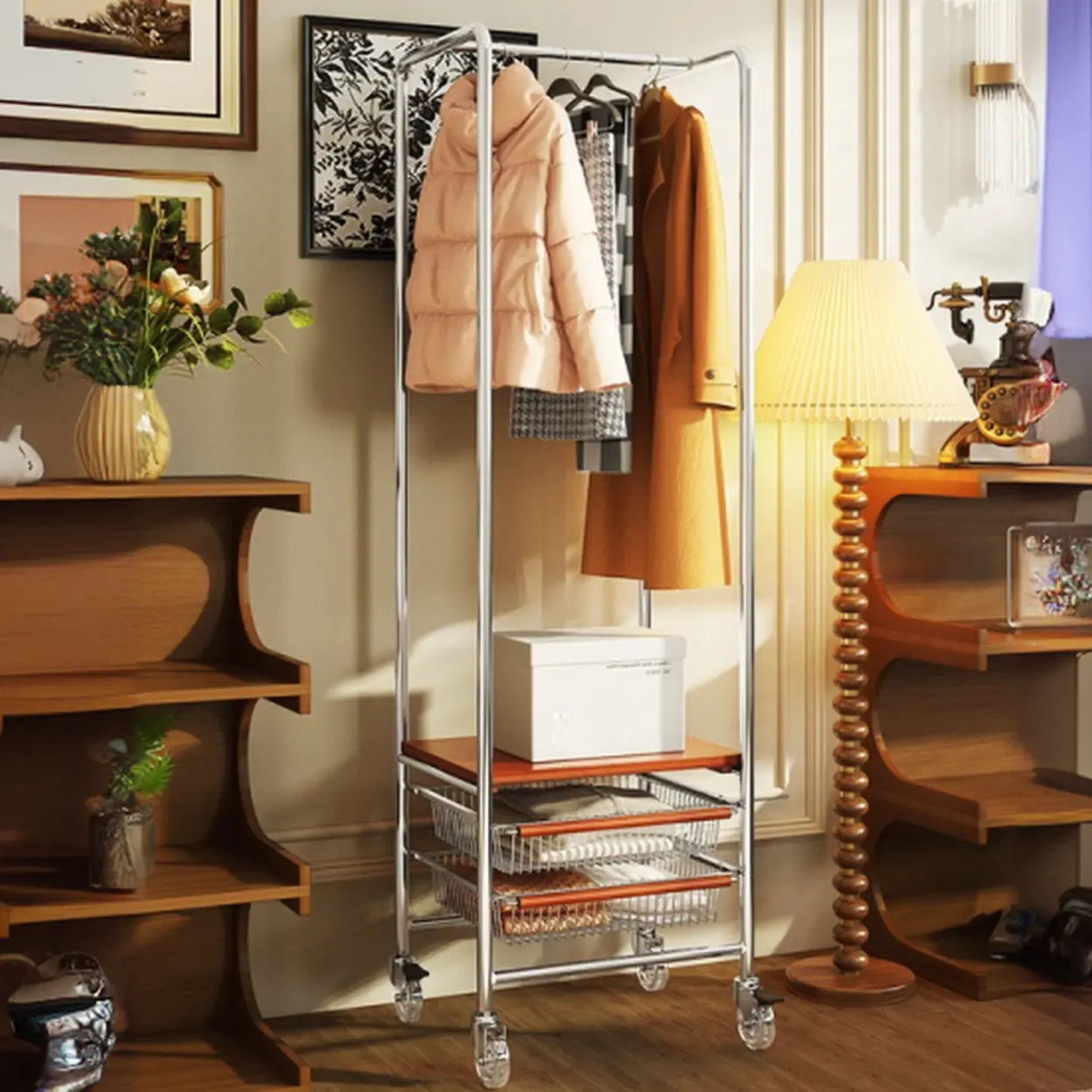 Silver Mobile Storage Coat Rack with Lockers