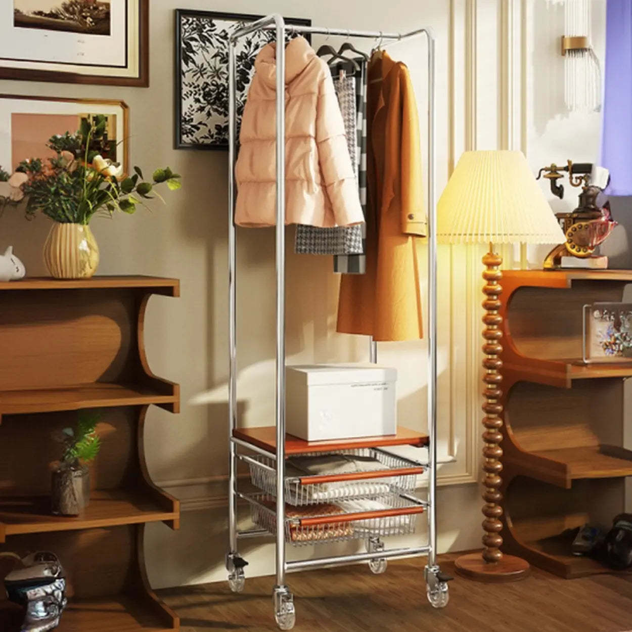 Silver Mobile Storage Coat Rack with Lockers