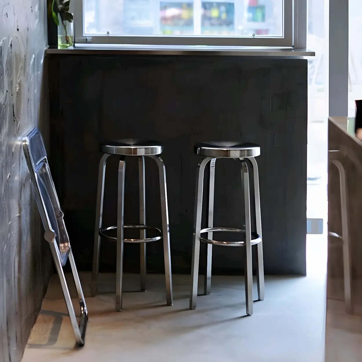 Silver Round Stainless Steel Backless Bar Stool — Swivel