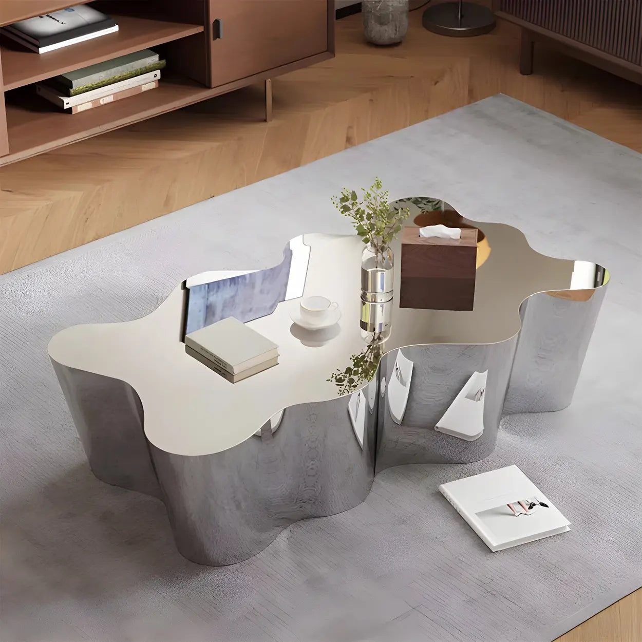 Silver Stainless Steel Free Form Coffee Table — Mirror