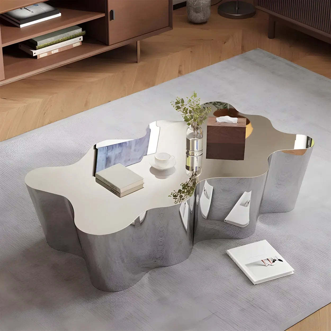 Silver Stainless Steel Free Form Coffee Table — Mirror