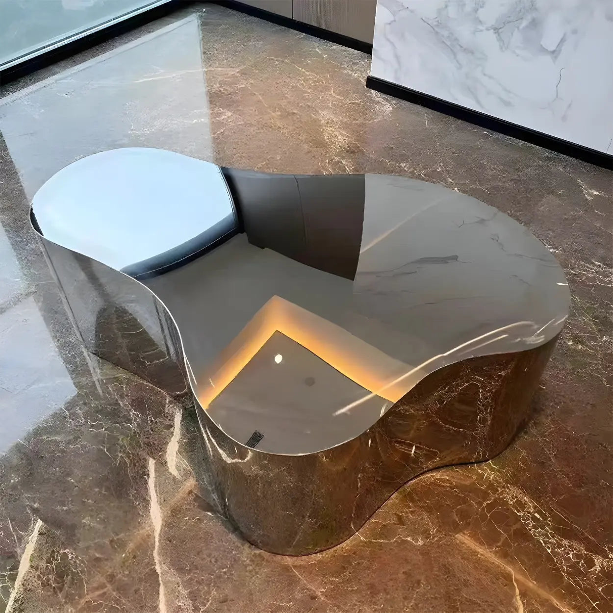 Silver Stainless Steel Free Form Coffee Table — Mirror