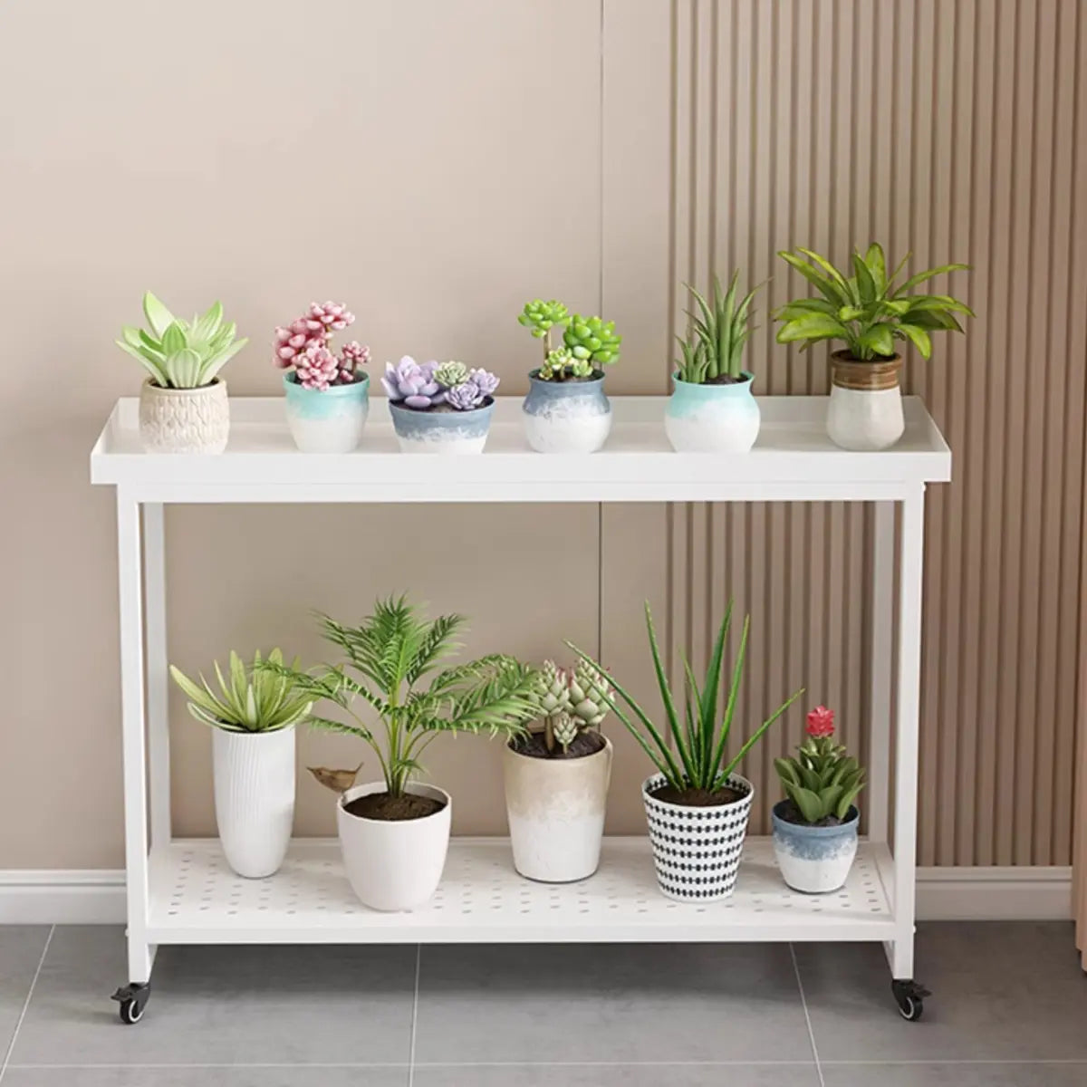 Simple White 2-Tier Rectangular Metal Sliding Plant Stand