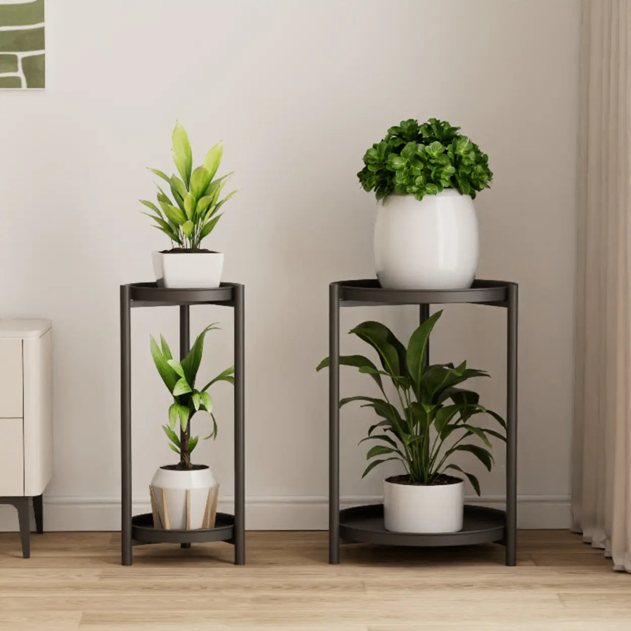 Simple 2-Tier Round Black Metal Plant Stand