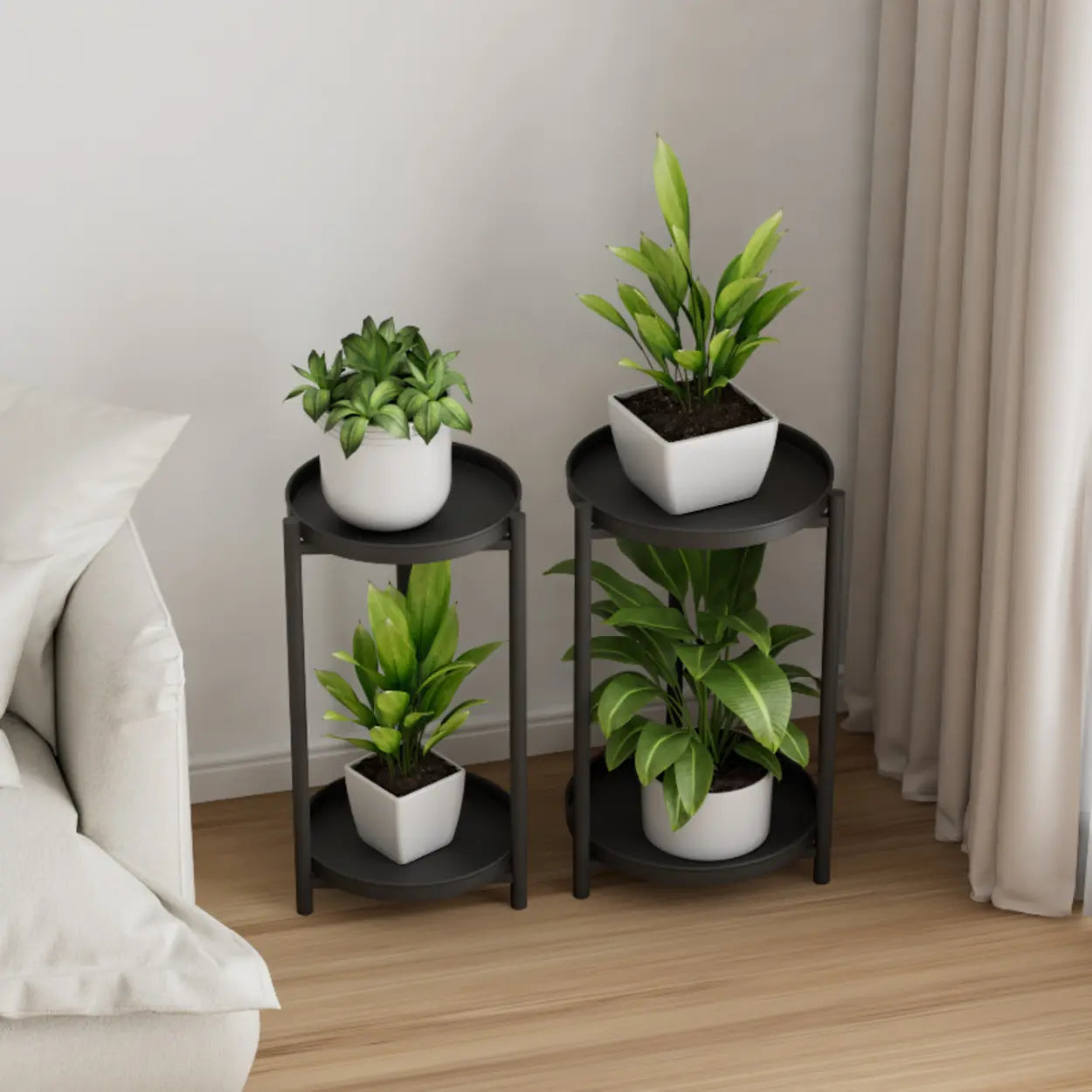 Simple 2-Tiers Round Floor Metal Base Plant Stand Black