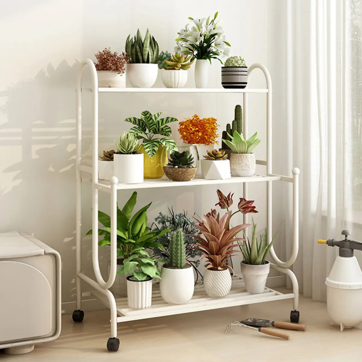 Simple Cream 3-Tier Metal Rolling Plant Stand